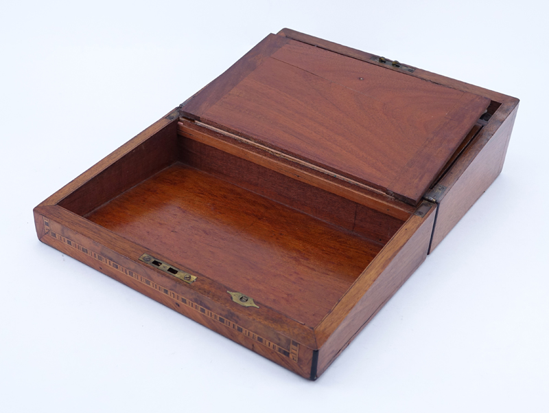 Antique English Writing Box. This box features burled wood with inlaid marquetry and mother of pearl.