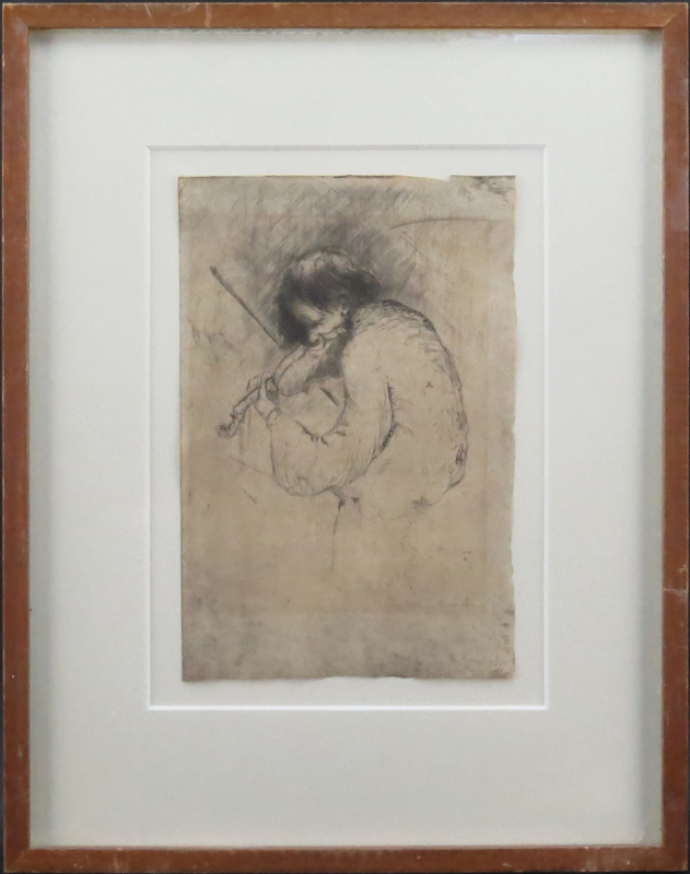 Hilton Leech, American (1906-1969) Abstract Etching "Old Violinist" Pencil Signed Lower Right. Depicts a portrait of an old violinist playing his instrument.