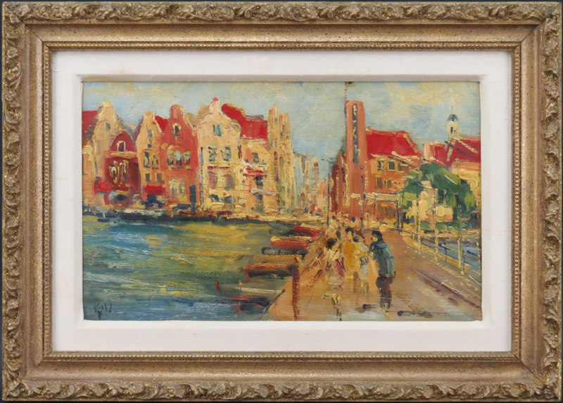 20th Century French School Impressionist Style Oil On Panel "French Port". Signed lower right.