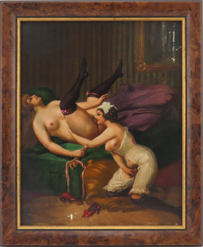 Early 20th Century Continental School Erotic Oil on Artist Board. Unsigned.