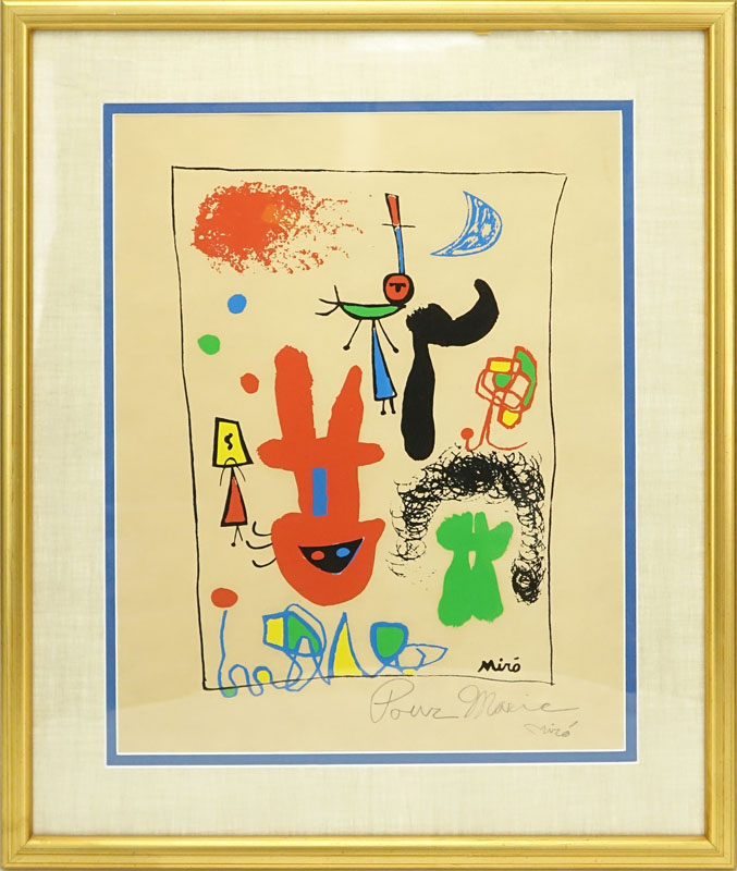 After: Joan Miro, Spanish   (1893 - 1983) Abstract Poster, Signed and Inscribed "Pour Marie" Lower Right. Good condition.