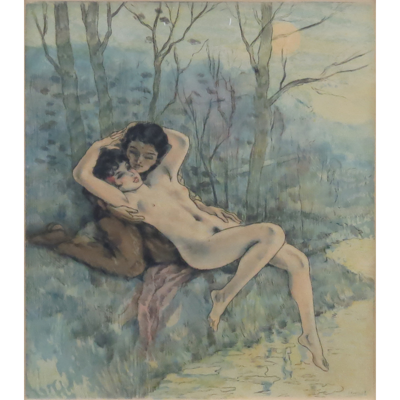Édouard Chimot, French (1880-1959) Colored engraving "Lovers". Toning from age or in good condition.