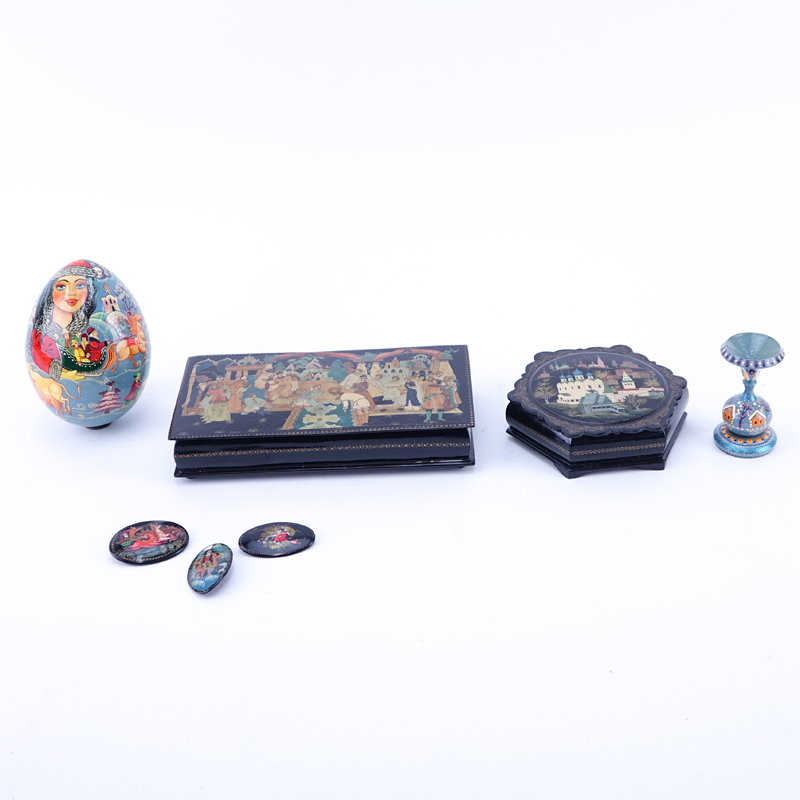 Collection of Six (6) Russian Lacquer Paper Mache Items. Includes: two hinged boxes, three pin/brooches, and egg on stand.