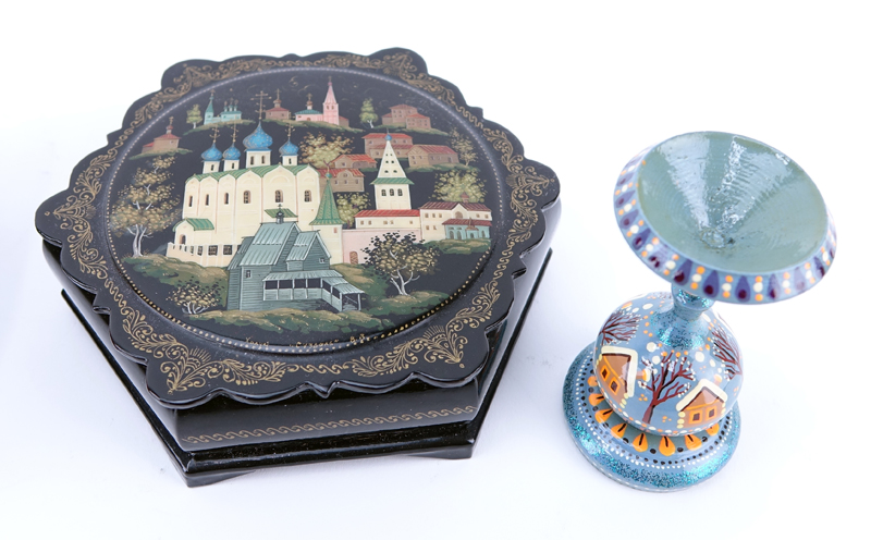 Collection of Six (6) Russian Lacquer Paper Mache Items. Includes: two hinged boxes, three pin/brooches, and egg on stand.
