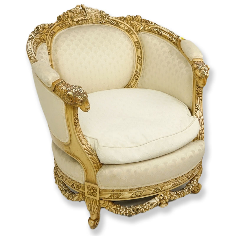 20th Century Carved Upholstered Bergere. Features figural motif.