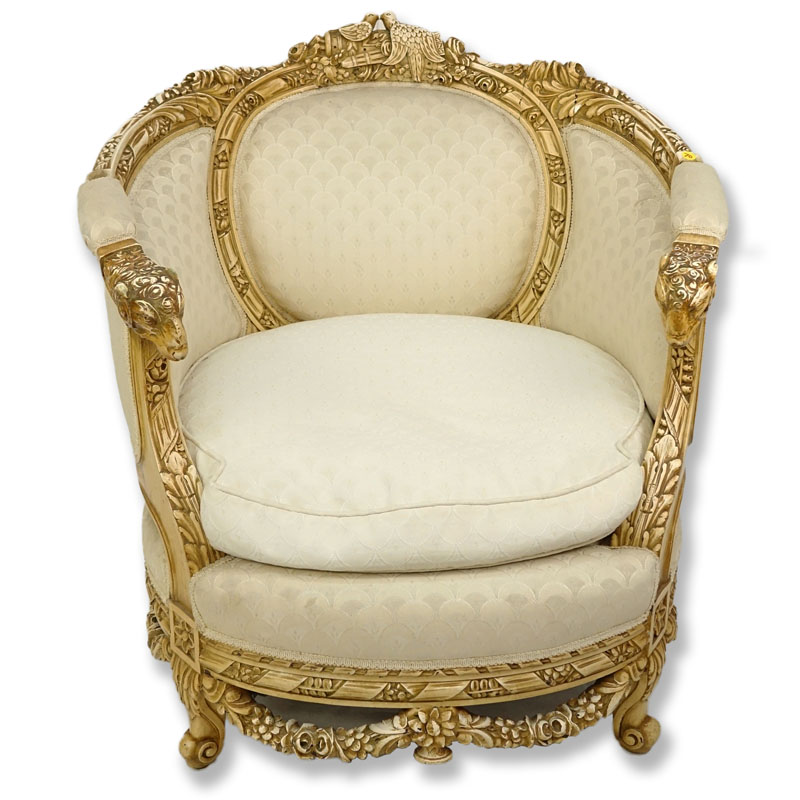 20th Century Carved Upholstered Bergere. Features figural motif.