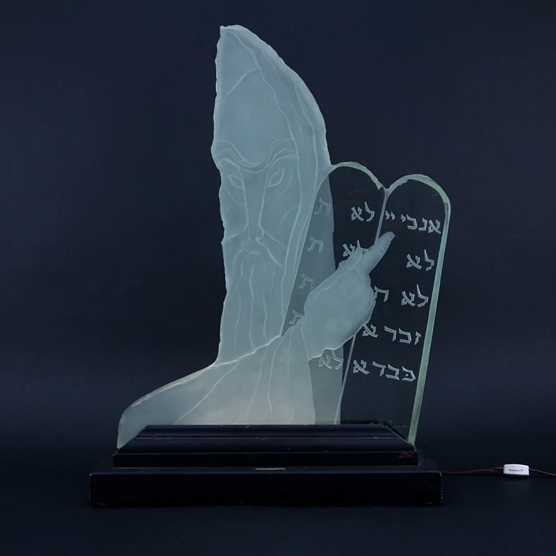 Herman Perlman, American (20th C.) "Moses" Etched Glass Sculpture on Illuminated Base.
