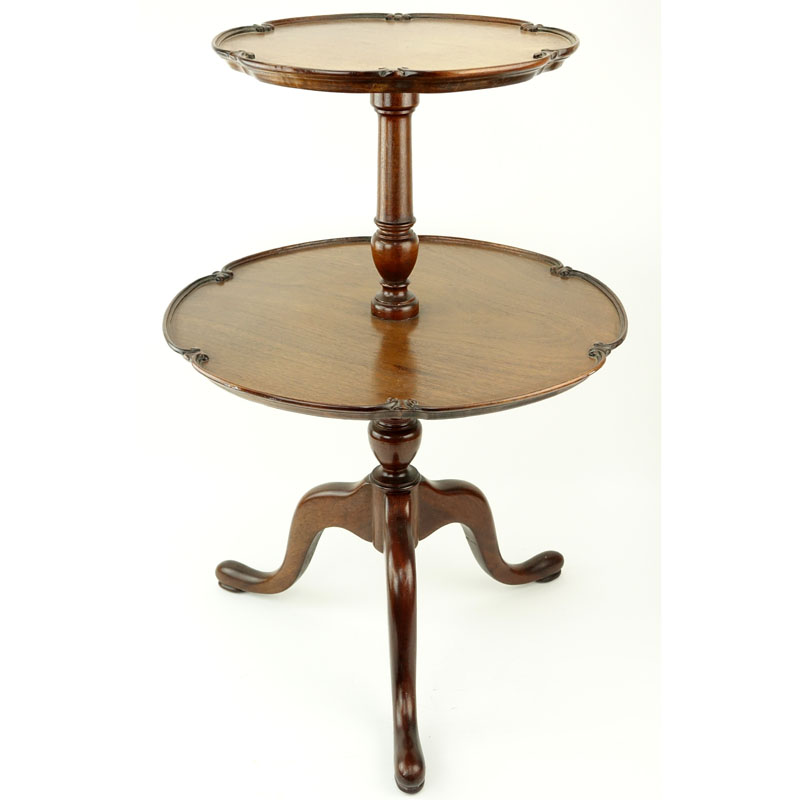 Mid Century Chippendale Style Two tiered Pie Crust Table. Decorated with scalloped edges and three cabriole style legs.