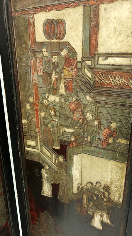 Antique Chinese Carved Wood Polychrome Four (4) Panel Screen. Carved with traditional Chinese scenes.