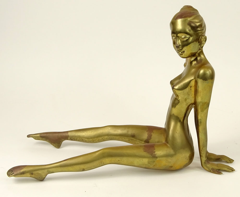Contemporary Taiwanese Gilt Bronze Figurine "Seated Nude" Marked on bottom Surawongse 30/399. Wear to gilding.