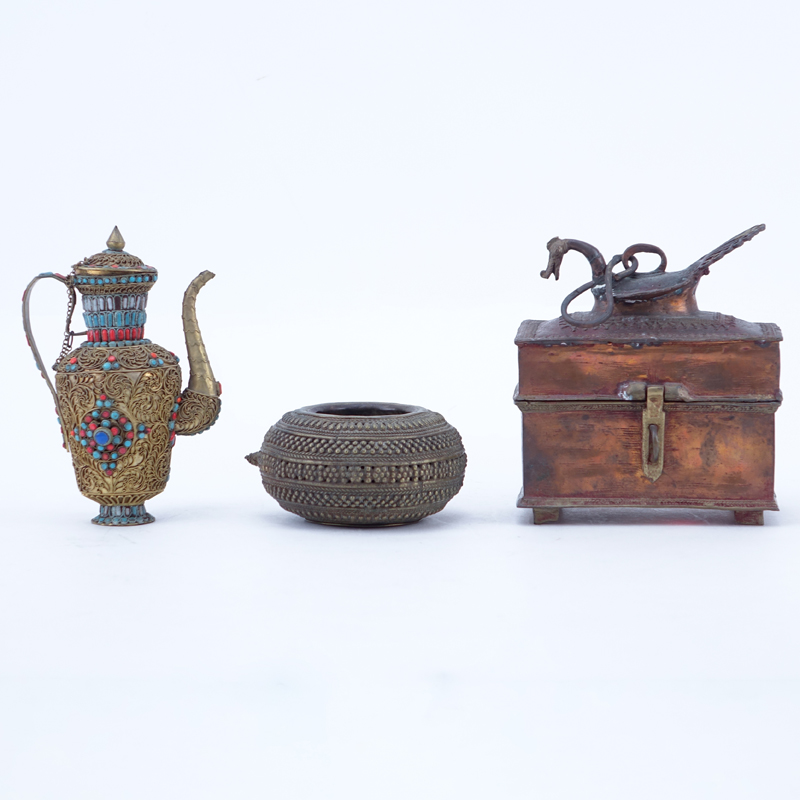 Collection of Three Thai Style Bronze & Copper Items. Includes small teapot, bowl.