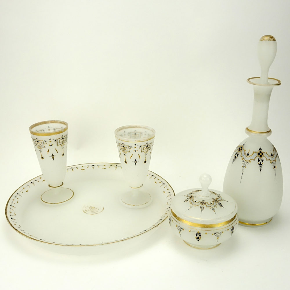 Five (5) Pieces Antique Opaline Glass Tabletop Items. Includes a round tray 12-1/2" dia (small edge repair), 2 footed beakers 6" H, lidded bowl 5" H, decanter 13-1/4" H.
