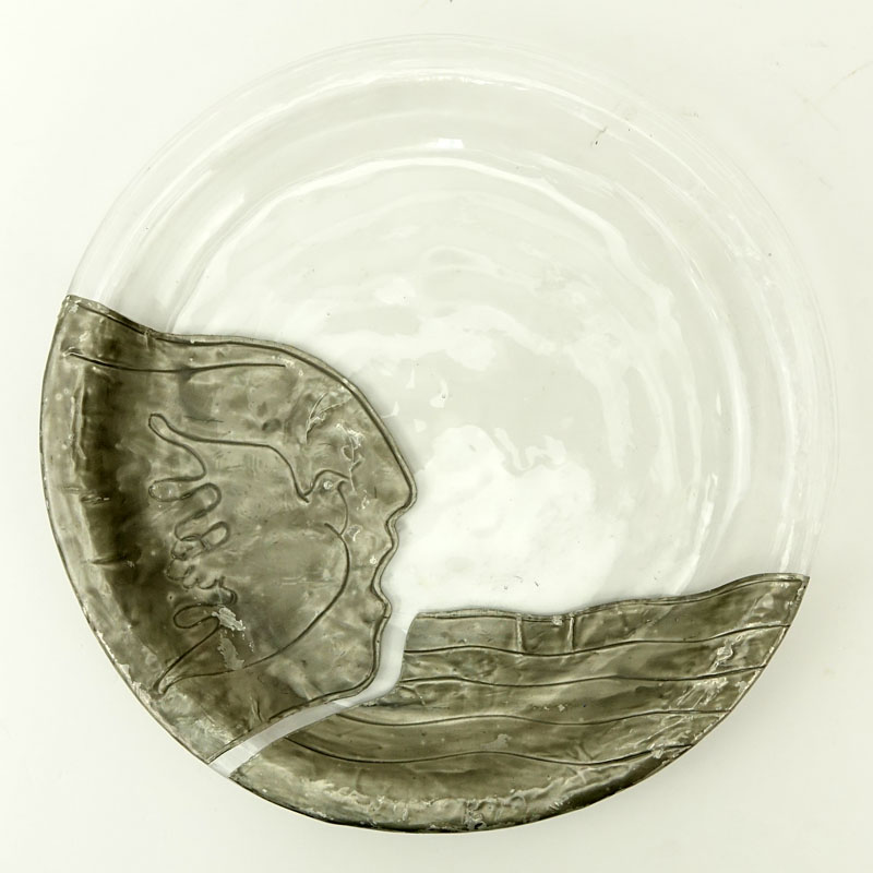 Vintage Clear Art Glass Plate With Pewter Overlay. Decorated with a "Dove Of Peace" Design.