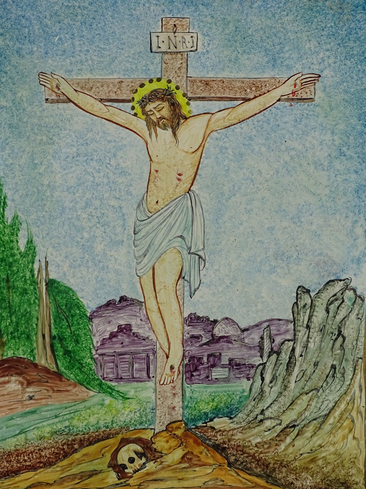 Vintage Enamel on Copper Plaque "The Crucifixion of Jesus" Unsigned. Small Loss Upper Left Corner.