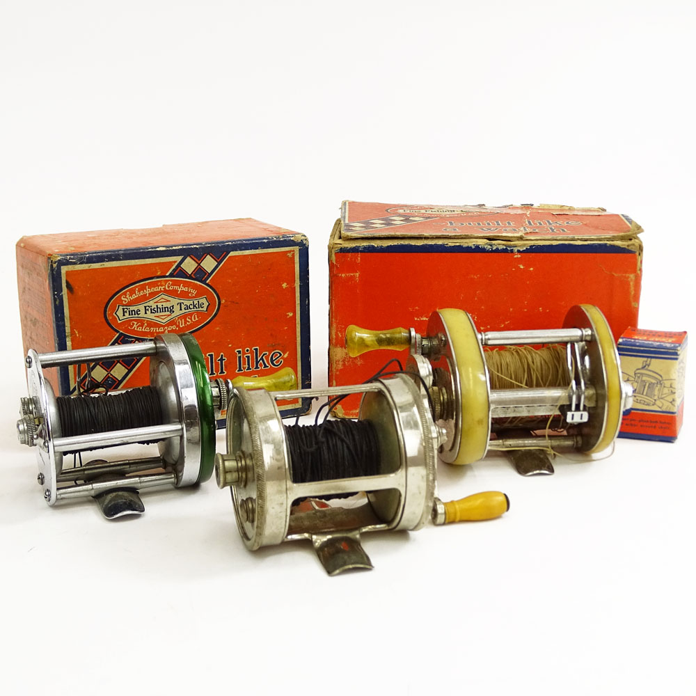 Lot of Three (3) Vintage Fishing Reels. Includes a Shakespeare President with original box, a Shakespeare Marhoff with original box, Jarvis Tripart reel in felt bag.