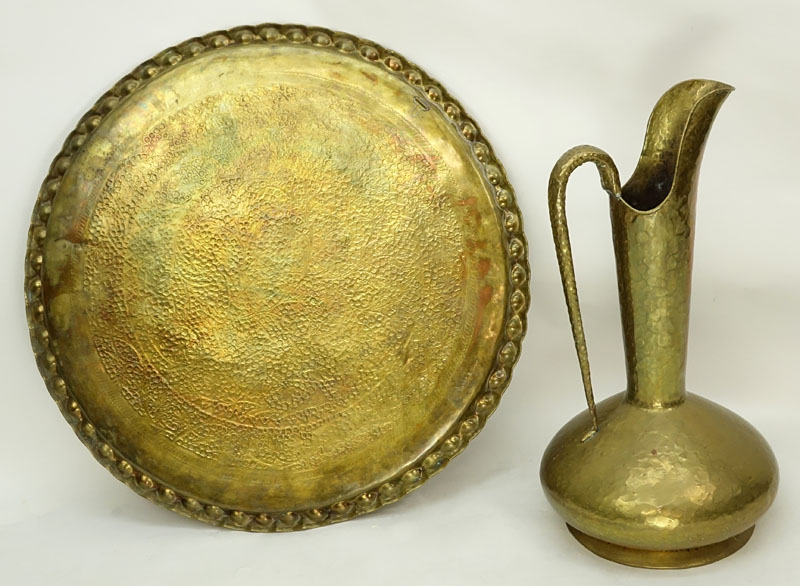 Grouping of Two (2): Large Brass Charger and Large Italian Brass Ewer. Charger is unsigned, ewer is stamped Made in Italy and numbered 1410 to base.