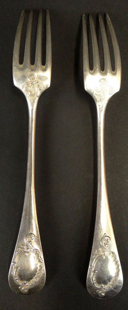 Two (2) Boulenger Blanc 84 Silver Plate Forks in a "Fiddle" Pattern. Signed Boulenger Hallmark and a Blanc 84 Hallmark.