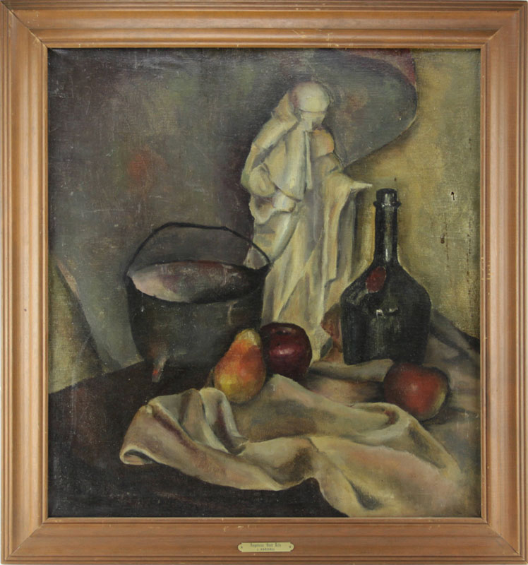 20th Century Oil on Canvas "Anglican Still Life". Inscribed verso "Marshall" Brass tag on front with title and J.