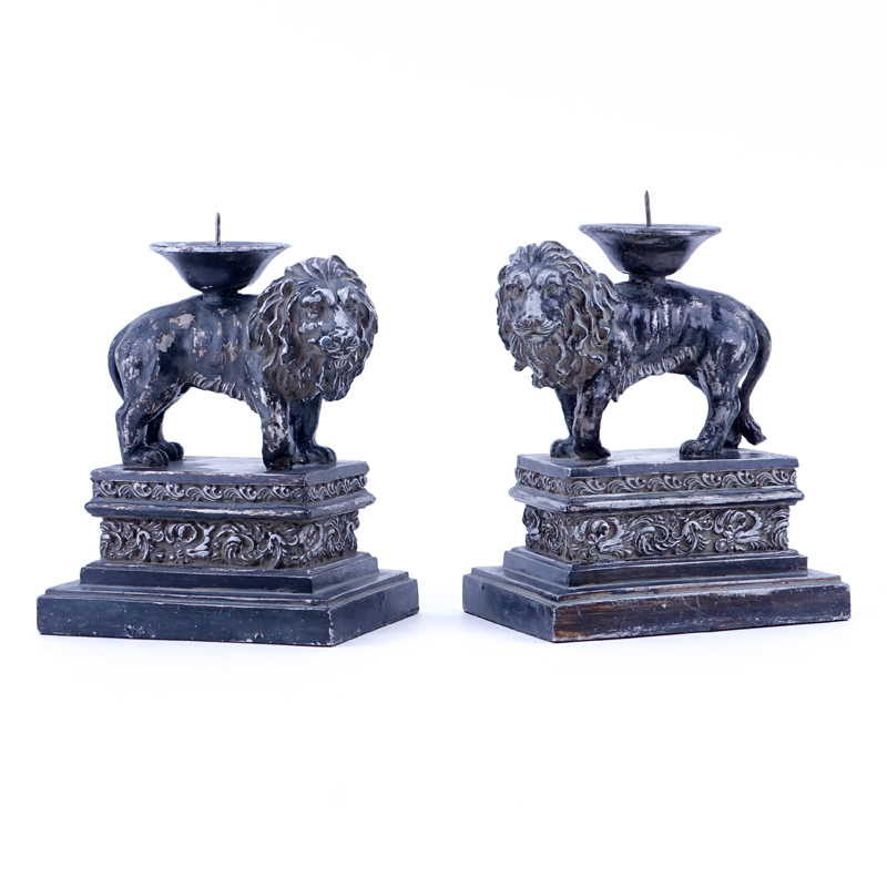Pair of Renaissance Style Composition Lion Candlesticks. Rubbing, minor nicks otherwise good condition.