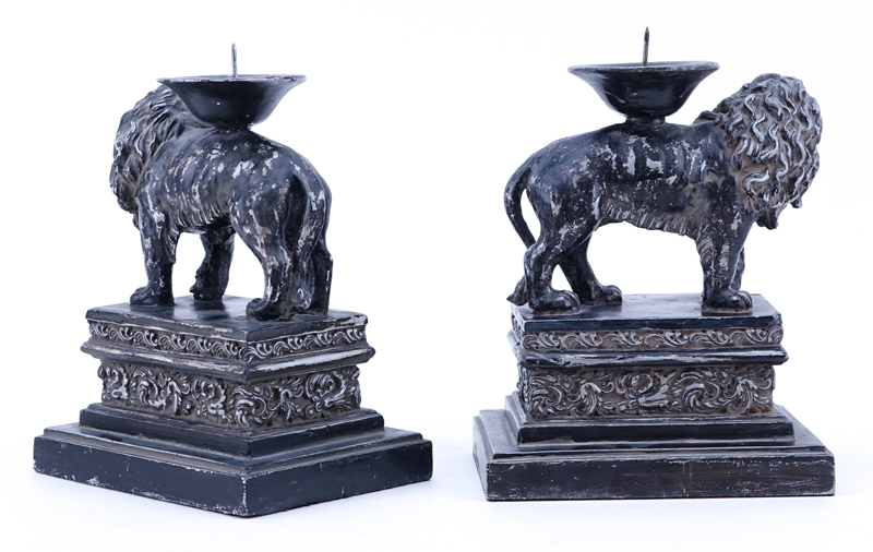 Pair of Renaissance Style Composition Lion Candlesticks. Rubbing, minor nicks otherwise good condition.