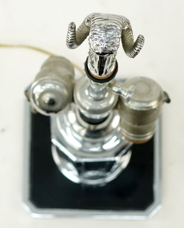 Heavy Art Deco Chrome Lamp With Rams Head Finial. Unsigned.