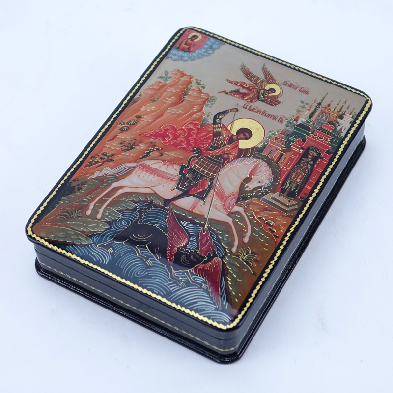 Russian Lacquer Box with Scene of Saint George Slaying the Dragon. Maker's mark to underside.