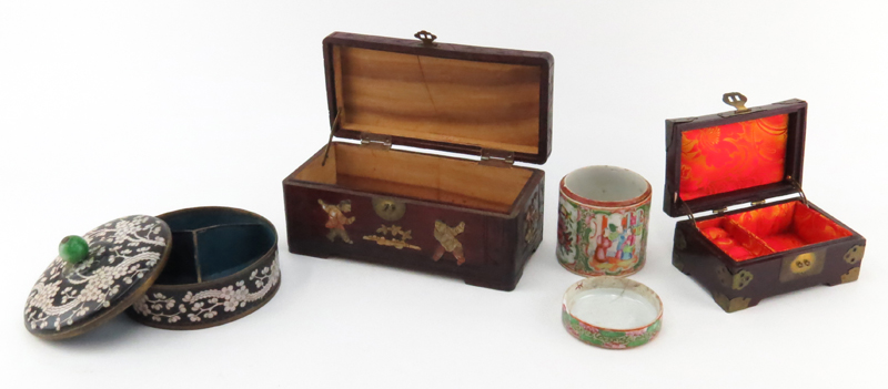 Collection of Four (4) Chinese Boxes. Includes: Two hardstone inlaid boxes, cloisonné round box, and porcelain covered box.