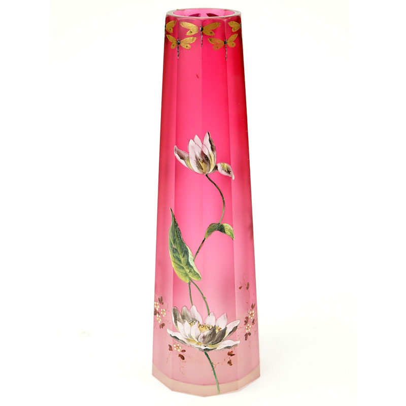 French Art Deco Hand painted Flower and Dragonfly Art Glass Vase. Unsigned.