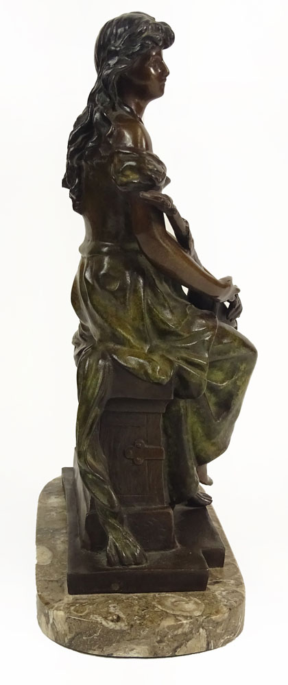 Hippolyte Francois Moreau, French (1832-1927) Bronze Sculpture "Girl With Guitar" On Marble Base. Signed Hip.