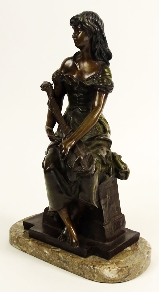 Hippolyte Francois Moreau, French (1832-1927) Bronze Sculpture "Girl With Guitar" On Marble Base. Signed Hip.