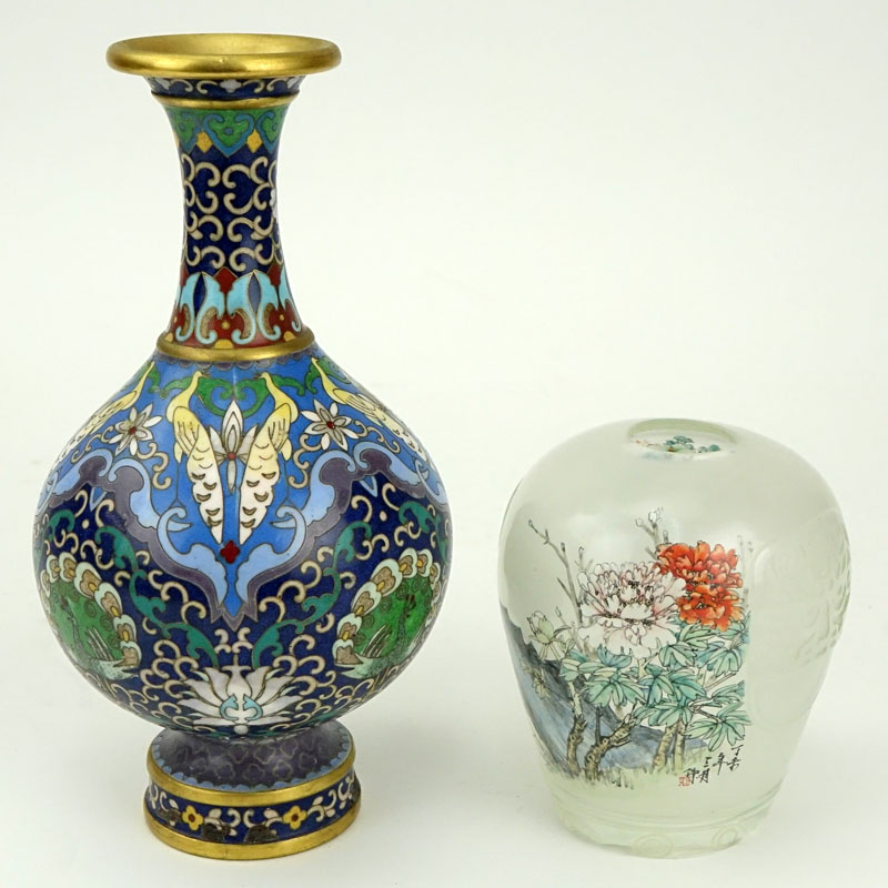 Collection of Two (2) Vintage Chinese Tabletop Items. Includes: cloisonné vase and reverse painted glass vase.