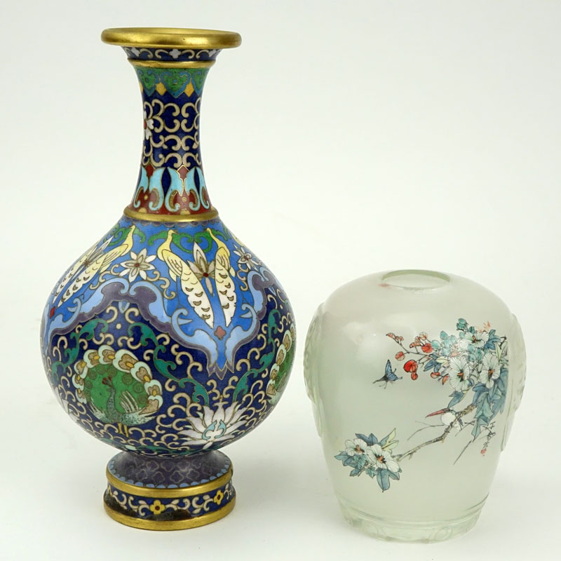 Collection of Two (2) Vintage Chinese Tabletop Items. Includes: cloisonné vase and reverse painted glass vase.
