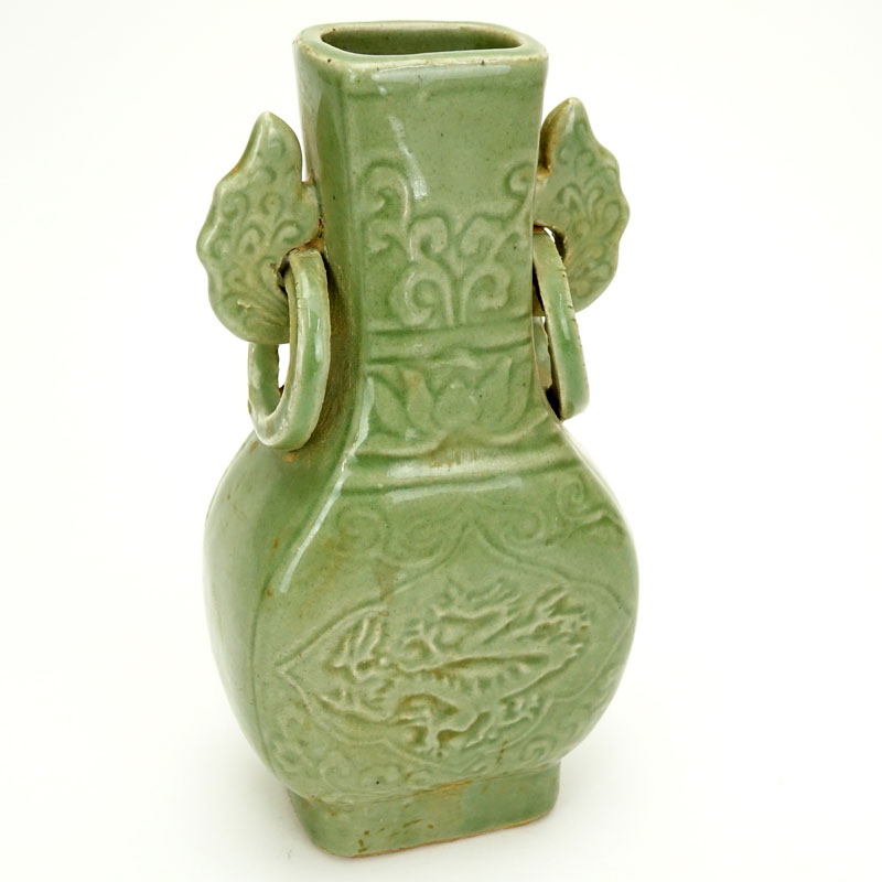 Chinese Yuan Dynasty Celadon Glazed and Incised Ring Handled Vase. Unsigned.