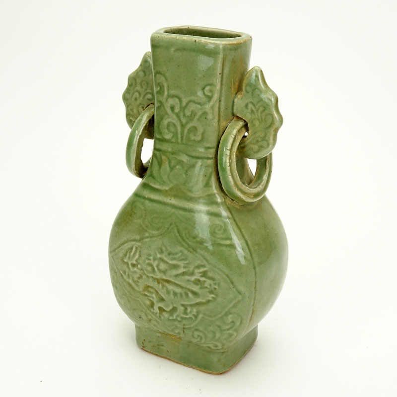 Chinese Yuan Dynasty Celadon Glazed and Incised Ring Handled Vase. Unsigned.