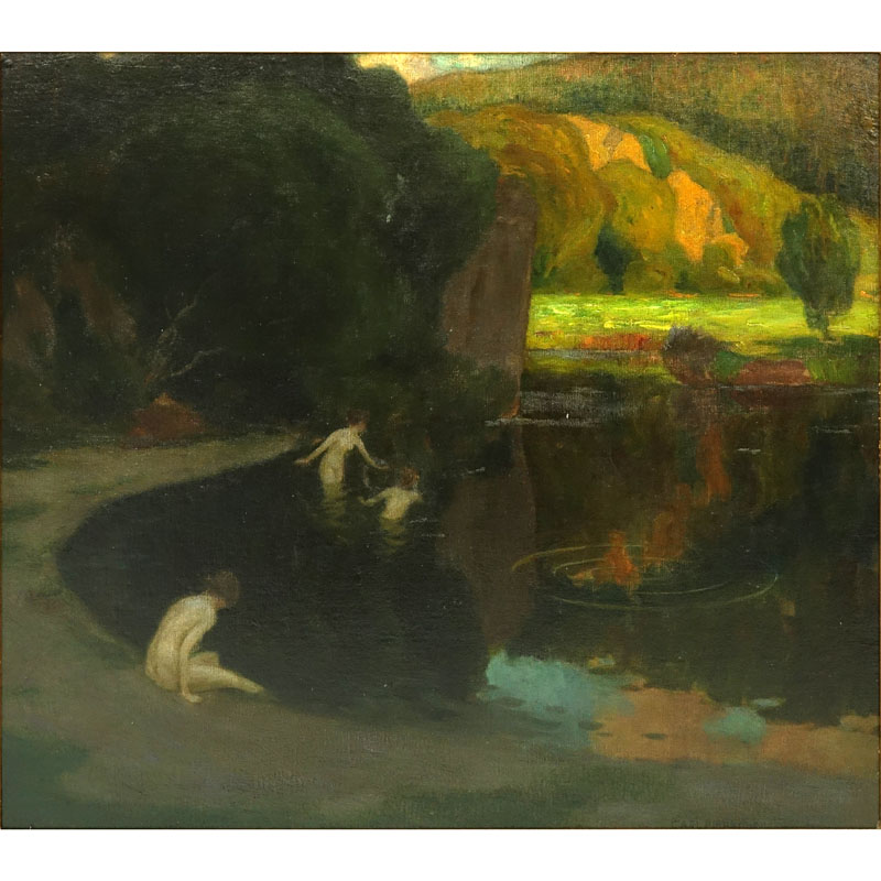 Karl Johann Nikolaus Piepho, Germany (1869 - 1920) Oil on canvas laid down on masonite "The Bathers" Signed lower right, label en verso. Two tiny abrasions or good overall condition.