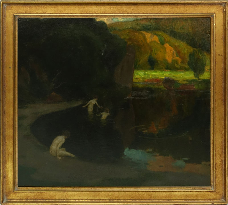 Karl Johann Nikolaus Piepho, Germany (1869 - 1920) Oil on canvas laid down on masonite "The Bathers" Signed lower right, label en verso. Two tiny abrasions or good overall condition.