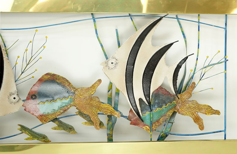 Curtis Jere, Chinese/ American (1910 - 2008) Polychrome Metal and Brass "Aquarium" Wall Hanging Sculpture. Signed and dated 1993.
