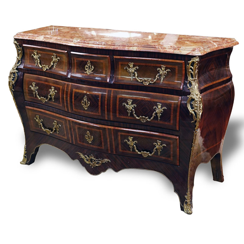 Mid 20th Century Regence Style Gilt Bronze Mounted Kingwood Marquetry Inlaid Marble Top Commode en Tombeau. Bronze foliage and figural form mounted accent with 5 front drawers.