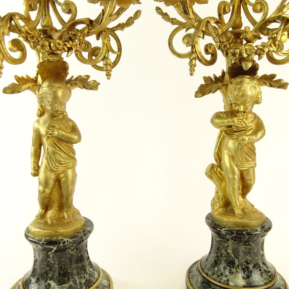 Early 20th Century Gilt Metal and Serpentine Marble Five Light Candelabra. Unsigned.