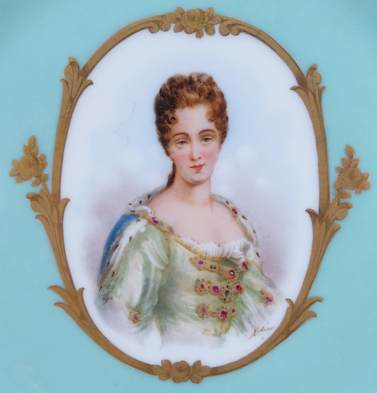 19/20th Century Sevres Portrait Plate. Painted with a bust-length portrait of Duchess de Bourgogne.