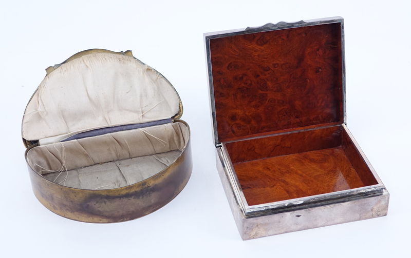Two (2) Antique Boxes includes: sterling box with transferware top and antique Austrian brass box with guilloche top. Each with lined interior.