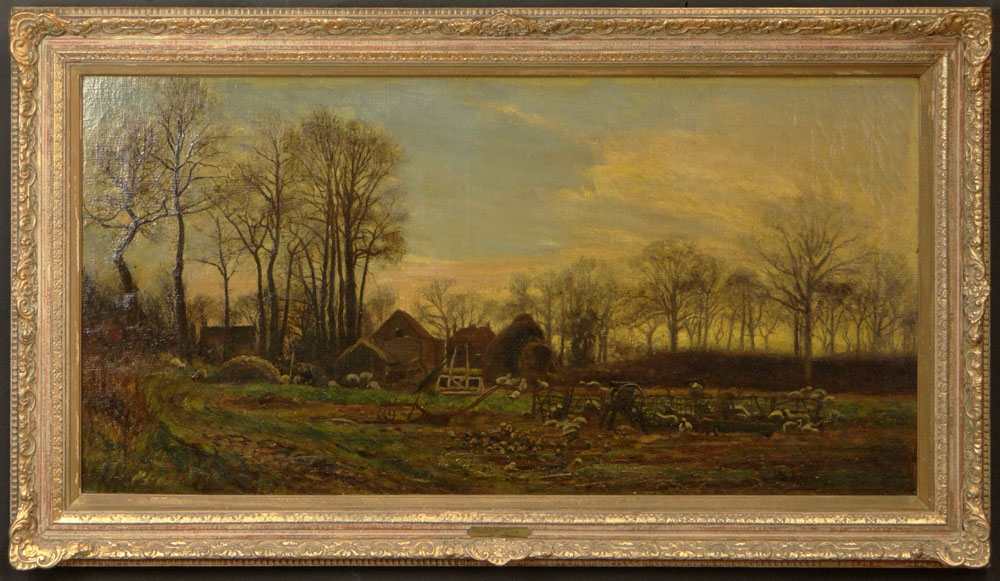 Charles James Lewis, British (1830-1892) Oil on Canvas "At Eventide" Unsigned but with Brass Name Label affixed to Frame. In need of Cleaning or in Otherwise Good Condition.