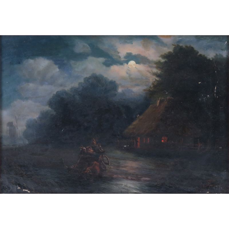 19/20th Century Oil on Canvas, "Moonlit Night in Ukraine". Signed illegibly (Cyrillic) lower right.