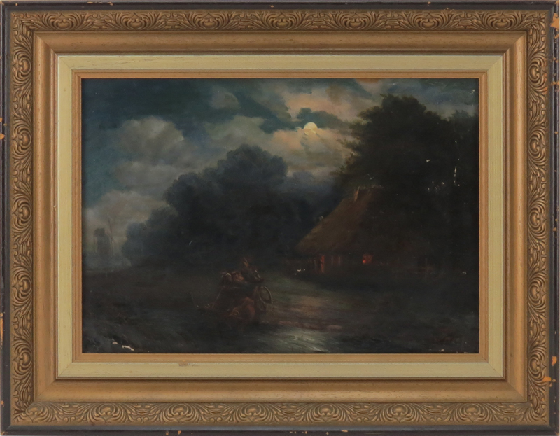 19/20th Century Oil on Canvas, "Moonlit Night in Ukraine". Signed illegibly (Cyrillic) lower right.
