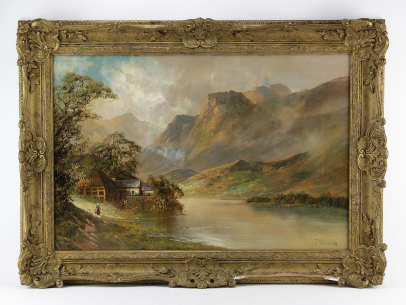 Frank Jameson, British (1898-1968) oil on canvas "Cottage By A Mountain Lake" Signed lower right, old label verso. Good condition, frame with losses.