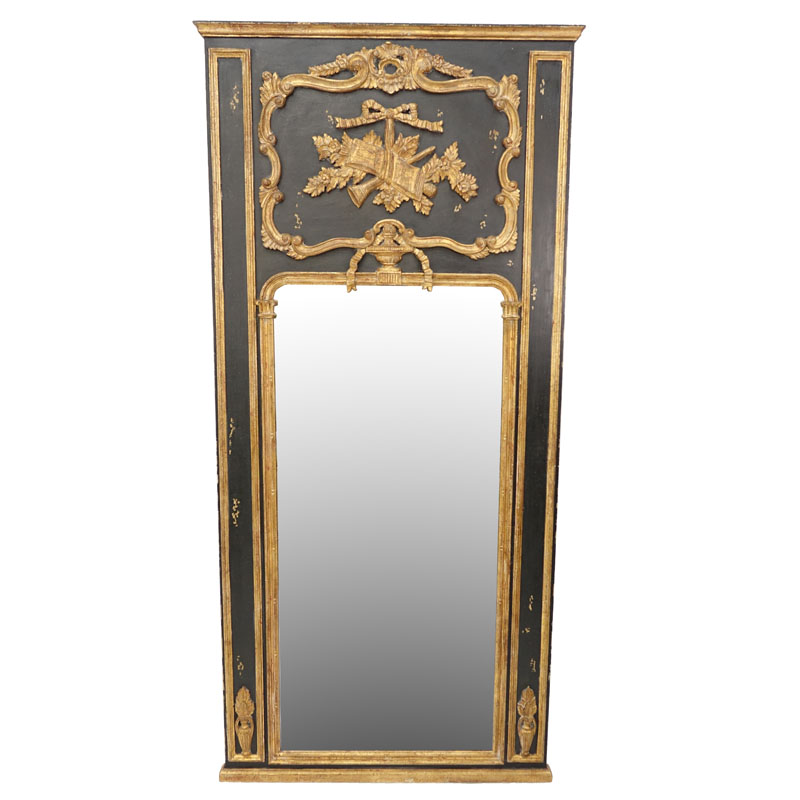 Large Italian Gilt and Painted Carved Wood Mirror. Unsigned.