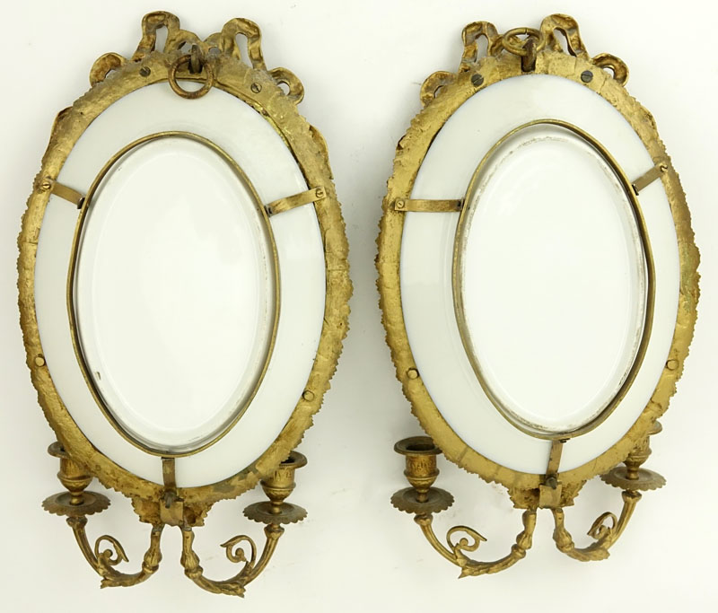 Pair French Sevres Style Gilt Bronze And Hand painted Porcelain Two Light Sconces. Unsigned.