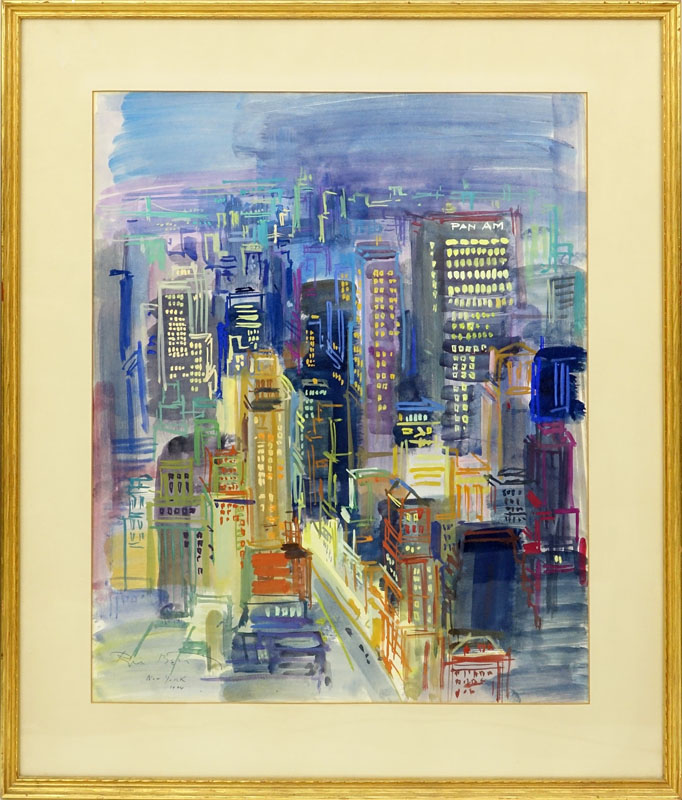 Ru Ben (20th C.) Watercolor on Paper of New York 1964 Signed Lower Left.