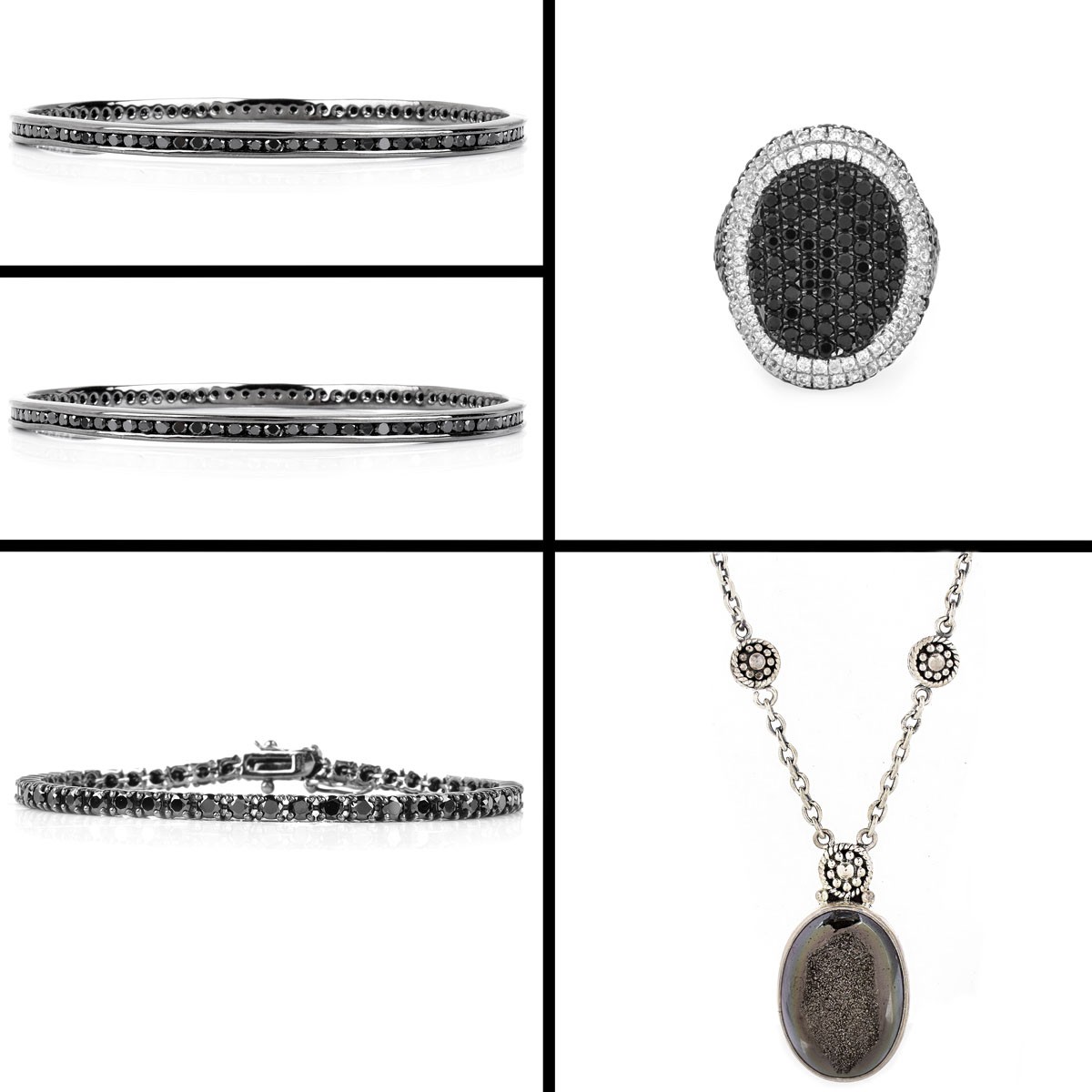 Five Pieces Sterling Black Diamond Jewelry