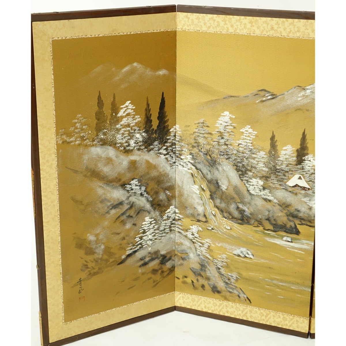 Chinese Gouache Painted 4 Panel Screen